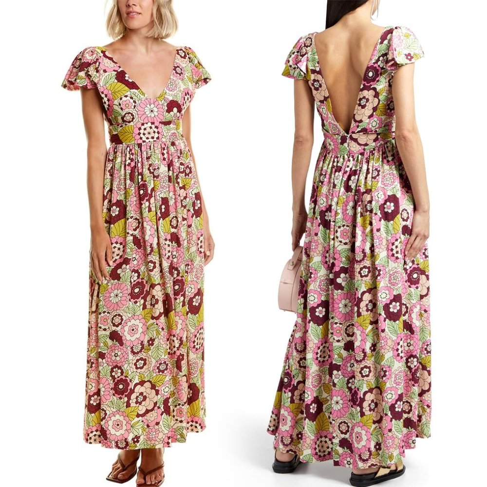 Dodo Bar Or Jenny Bold Multicolor Floral Maxi Dress Sleeveless Ruffle Trim Large